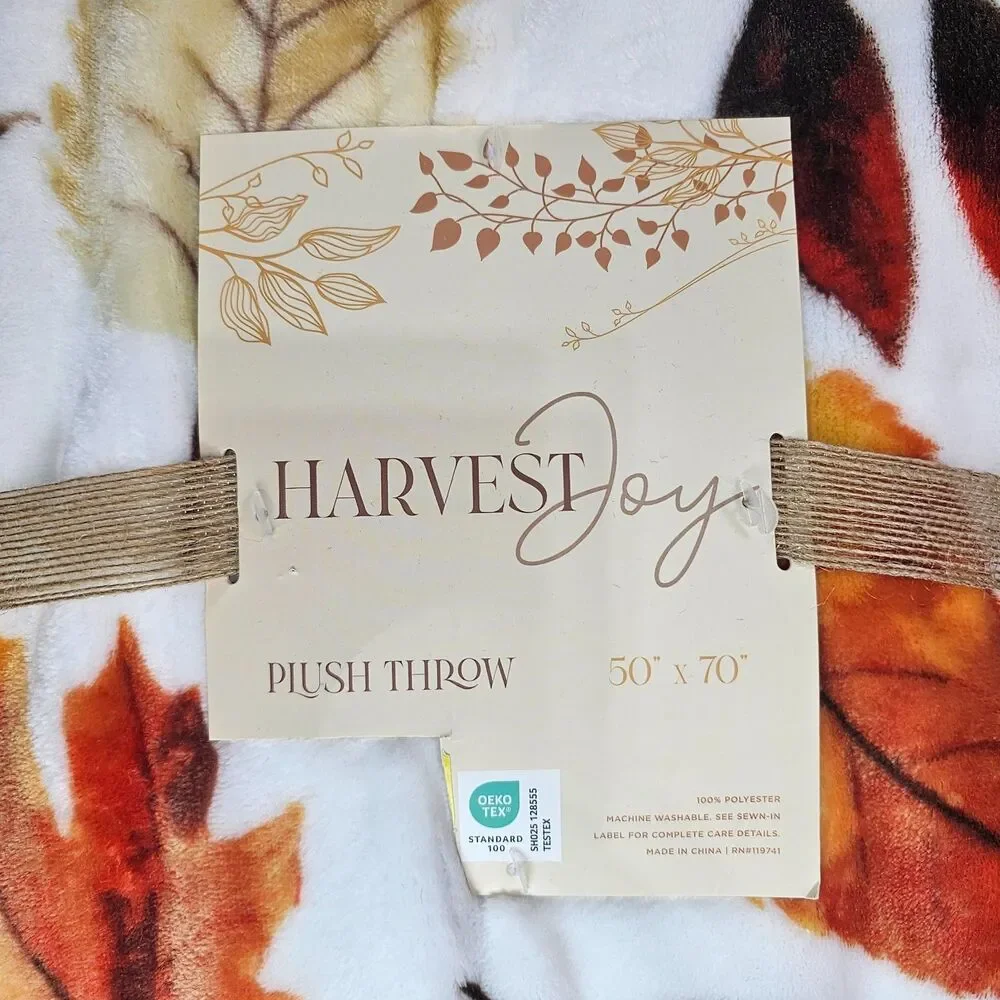 Harvest Joy Plush Throw Blanket 50x70 Fall Autumn Leaves Thanksgiving NWT